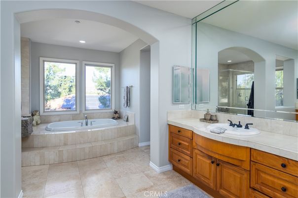 Bathroom, Dual Sink Vanities, Interior, Recessed Lighting, Tile Countertops