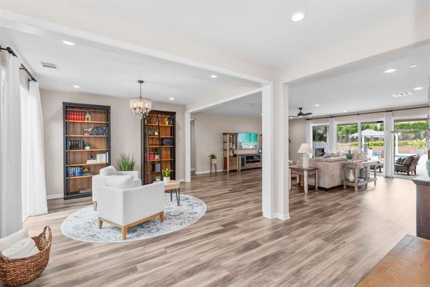 Chandelier, Interior, Living room, Recessed Lighting, Wood Texture Flooring