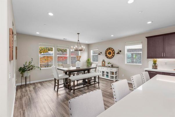 Chandelier, Dining room, Interior, Recessed Lighting, Wood Texture Flooring