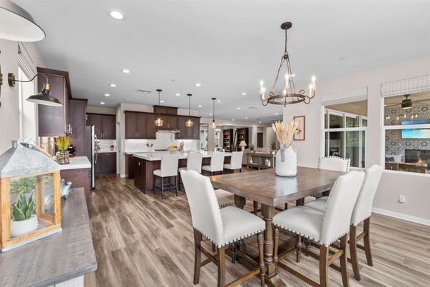 Dining room, Fireplace, Interior, Kitchen, Pendant Lights, Recessed Lighting, Wood Texture Flooring