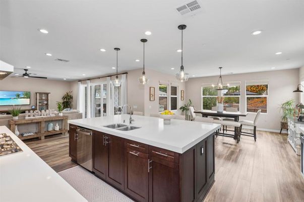 Dining room, Interior, Kitchen, Living room, Pendant Lights, Recessed Lighting, Wood Texture Flooring