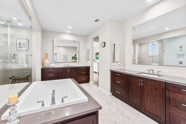 Bathroom, Dual Sink Vanities, Glass Shower, Interior, Marble, Recessed Lighting