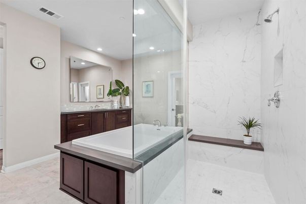 Bathroom, Glass Shower, Interior, Marble, Marble Walls, Recessed Lighting