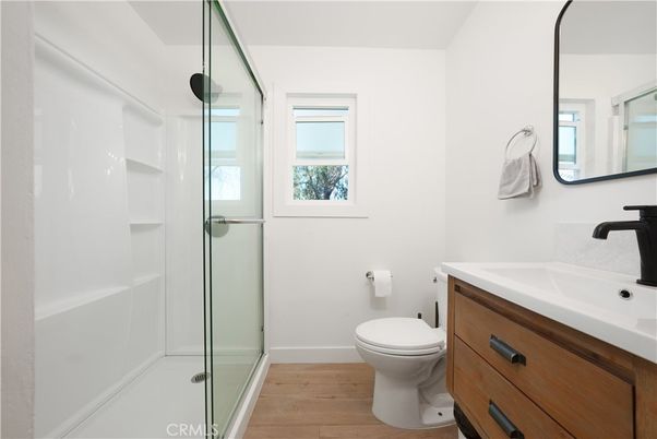 Bathroom, Glass Shower, Interior, Wood Texture Flooring