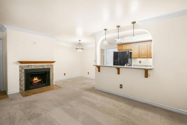 Empty room, Fireplace, Interior, Kitchen, Pendant Lights