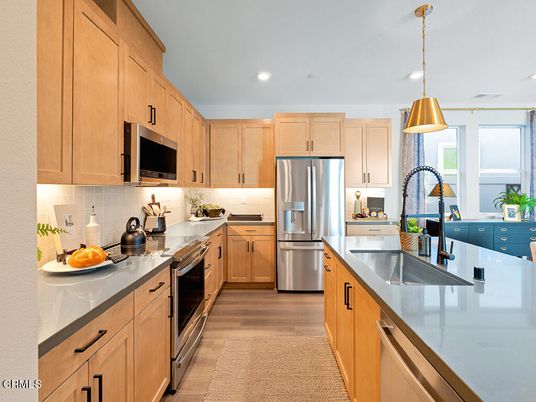 Interior, Kitchen, Pendant Lights, Recessed Lighting, Stainless Steel Appliances, Wood Texture Flooring