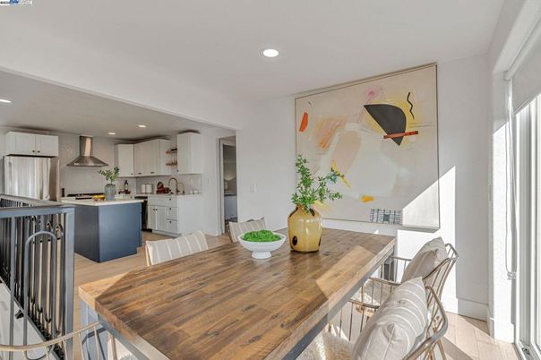 Dining room, Interior, Kitchen, Recessed Lighting, Stainless Steel Appliances, Wood Texture Flooring