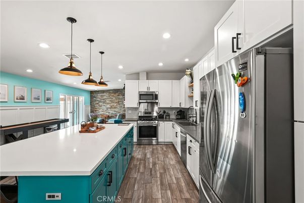Interior, Kitchen, Pendant Lights, Recessed Lighting, Stainless Steel Appliances, Wood Texture Flooring
