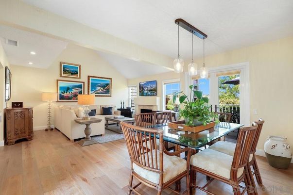 Dining room, Fireplace, Interior, Living room, Pendant Lights, Recessed Lighting, Wood Texture Flooring