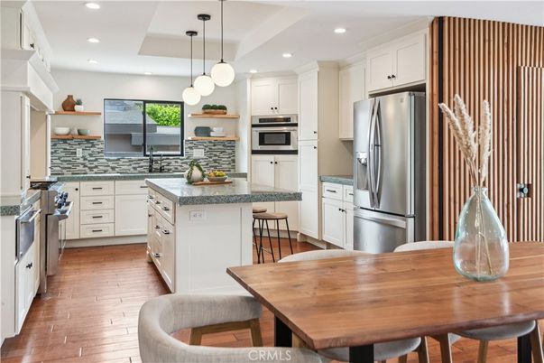 Interior, Kitchen, Pendant Lights, Recessed Lighting, Stainless Steel Appliances, Wood Texture Flooring