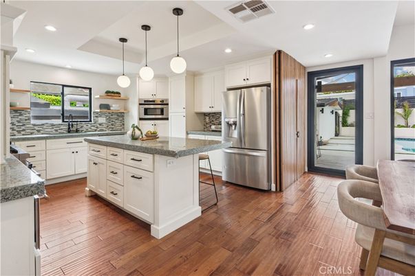 Interior, Kitchen, Pendant Lights, Recessed Lighting, Stainless Steel Appliances, Wood Texture Flooring