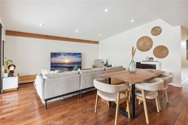 Dining room, Interior, Living room, Recessed Lighting, Wood Texture Flooring