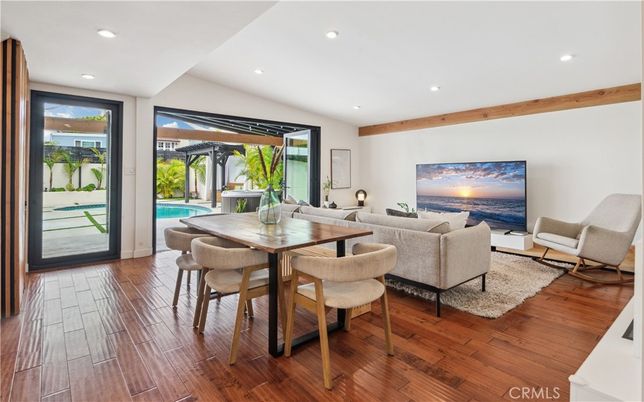 Dining room, Interior, Living room, Recessed Lighting, Water, Wooden Beams, Wood Texture Flooring
