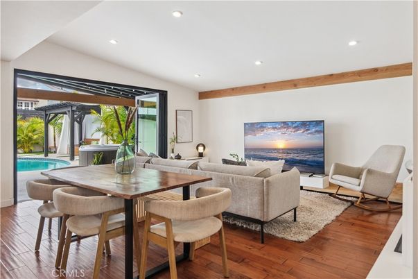 Dining room, Interior, Living room, Recessed Lighting, Wooden Beams, Wood Texture Flooring