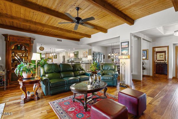 Chandelier, Interior, Kitchen, Living room, Pendant Lights, Recessed Lighting, Wooden Beams, Wooden Ceilings, Wood Texture Flooring