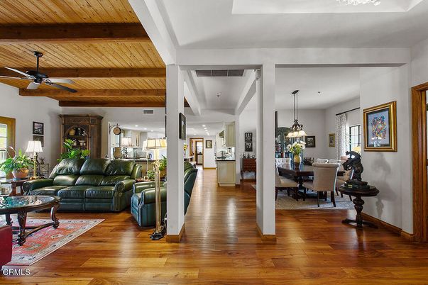 Dining room, Interior, Kitchen, Living room, Pendant Lights, Recessed Lighting, Wooden Beams, Wooden Ceilings, Wood Texture Flooring