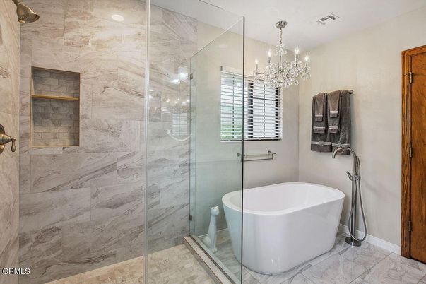 Bathroom, Chandelier, Free Standing Baths, Glass Shower, Interior, Marble, Marble Walls