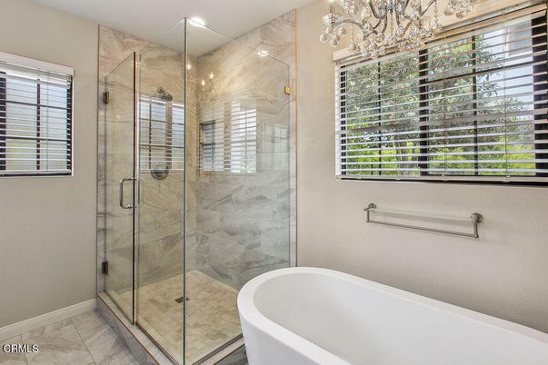 Bathroom, Free Standing Baths, Glass Shower, Interior, Marble Walls, Recessed Lighting