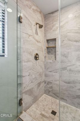 Bathroom, Glass Shower, Interior, Marble Walls, Recessed Lighting