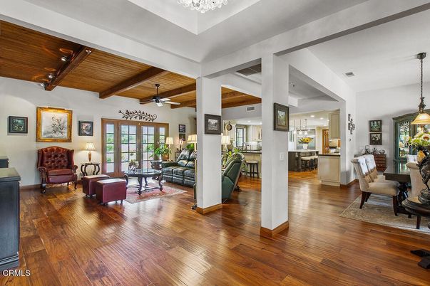 Chandelier, Dining room, Interior, Living room, Pendant Lights, Recessed Lighting, Wooden Beams, Wooden Ceilings, Wood Texture Flooring