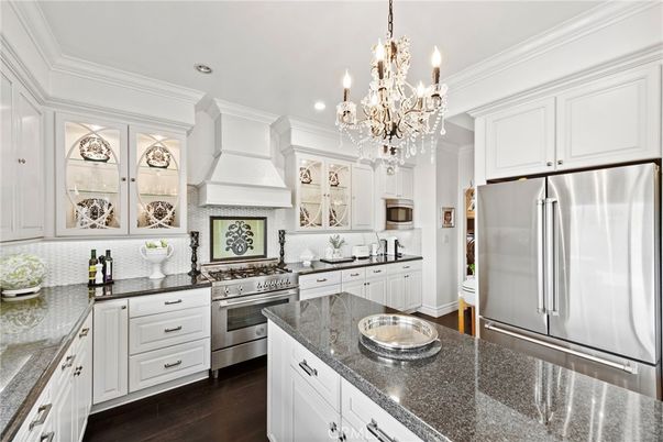Chandelier, Interior, Kitchen, Recessed Lighting, Stainless Steel Appliances, Wood Texture Flooring