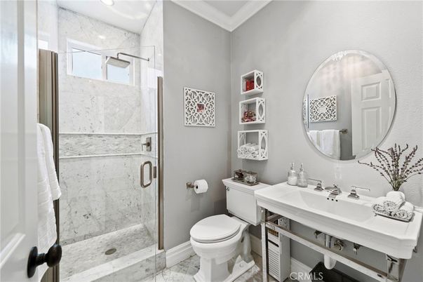 Bathroom, Glass Shower, Interior, Marble, Marble Walls, Recessed Lighting
