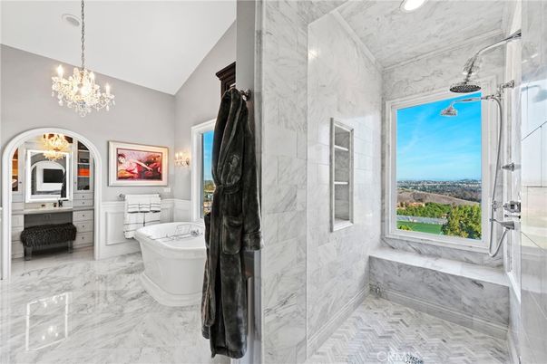 Bathroom, Chandelier, Free Standing Baths, Interior, Marble, Marble Walls