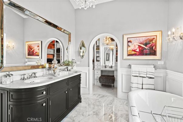 Bathroom, Chandelier, Dual Sink Vanities, Interior, Marble