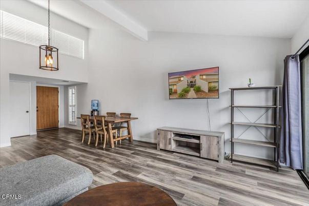 Dining room, Interior, Pendant Lights, Wood Texture Flooring