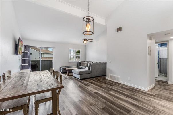 Dining room, Interior, Living room, Pendant Lights, Recessed Lighting, Wood Texture Flooring