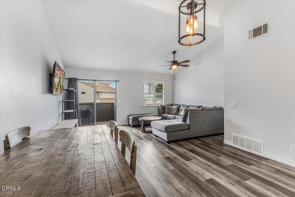 Dining room, Interior, Living room, Pendant Lights, Wood Texture Flooring