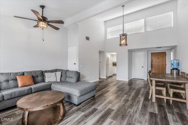 Dining room, Interior, Living room, Pendant Lights, Wood Texture Flooring