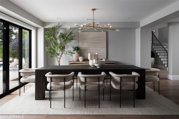 Dining room, Interior, Pendant Lights, Recessed Lighting, Wood Texture Flooring