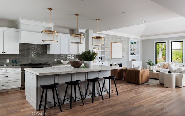 Interior, Kitchen, Living room, Pendant Lights, Recessed Lighting, Stone Walls, Wood Texture Flooring