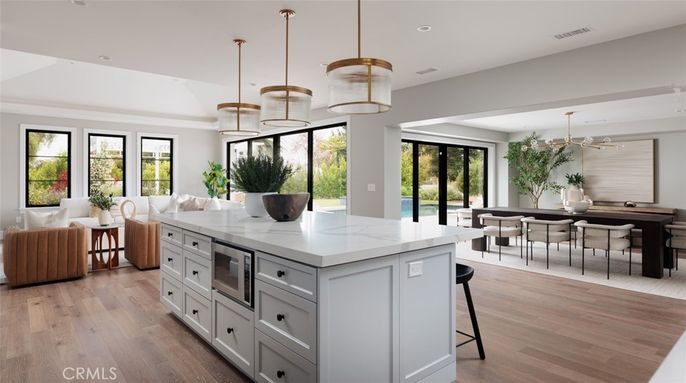 Dining room, Interior, Kitchen, Pendant Lights, Recessed Lighting, Wood Texture Flooring