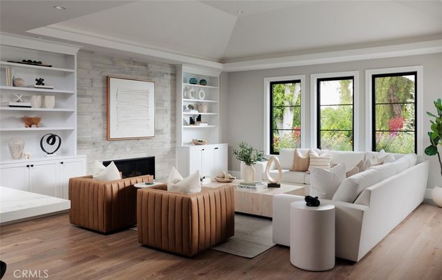 Fireplace, Interior, Living room, Recessed Lighting, Stone Walls, Wood Texture Flooring