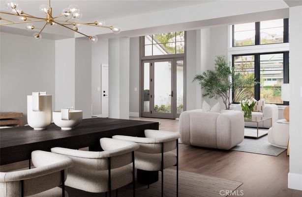 Dining room, Interior, Living room, Pendant Lights, Wood Texture Flooring