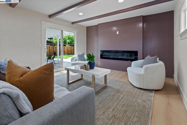 Fireplace, Interior, Living room, Recessed Lighting, Wooden Beams, Wood Texture Flooring