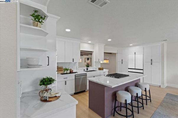 Interior, Kitchen, Recessed Lighting, Stainless Steel Appliances, Wood Texture Flooring