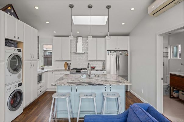 Interior, Kitchen, Pendant Lights, Recessed Lighting, Washer, Wood Texture Flooring