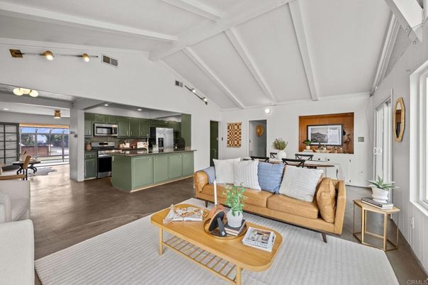 Dining room, Interior, Kitchen, Living room, Recessed Lighting, Stainless Steel Appliances, Wood Texture Flooring