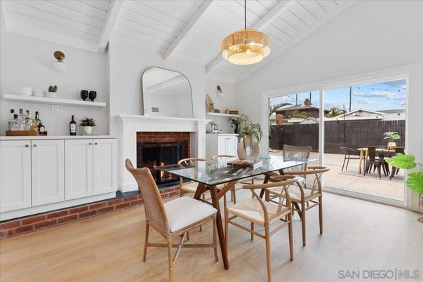 Dining room, Fireplace, Interior, Pendant Lights, Wood Texture Flooring