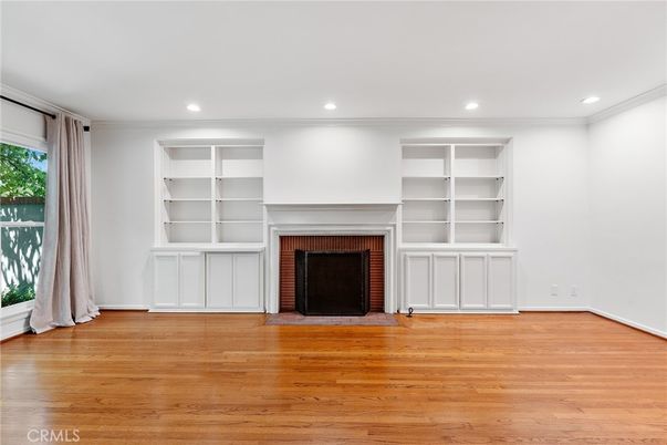 Empty room, Fireplace, Interior, Recessed Lighting, Wood Texture Flooring
