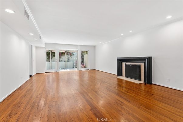 Empty room, Fireplace, Interior, Recessed Lighting, Wood Texture Flooring