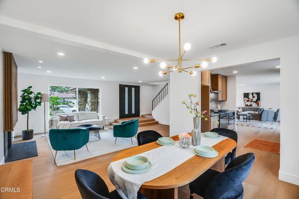 Dining room, Interior, Kitchen, Living room, Pendant Lights, Recessed Lighting, Wood Texture Flooring