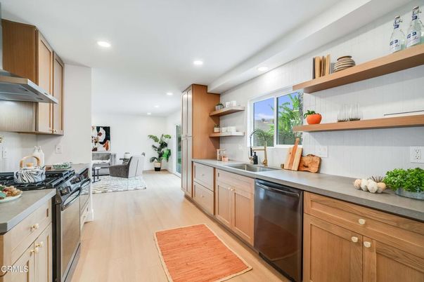 Interior, Kitchen, Living room, Recessed Lighting, Stainless Steel Appliances, Wood Texture Flooring
