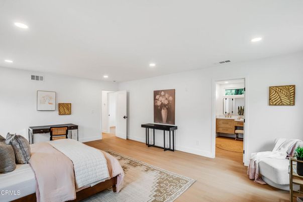 Bedroom, Interior, Recessed Lighting, Wood Texture Flooring