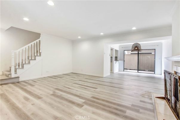 Empty room, Fireplace, Interior, Recessed Lighting, Wood Texture Flooring