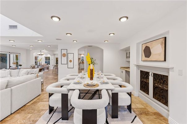 Dining room, Fireplace, Interior, Living room, Pendant Lights, Recessed Lighting