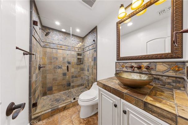 Bathroom, Glass Shower, Interior, Recessed Lighting, Tile Countertops